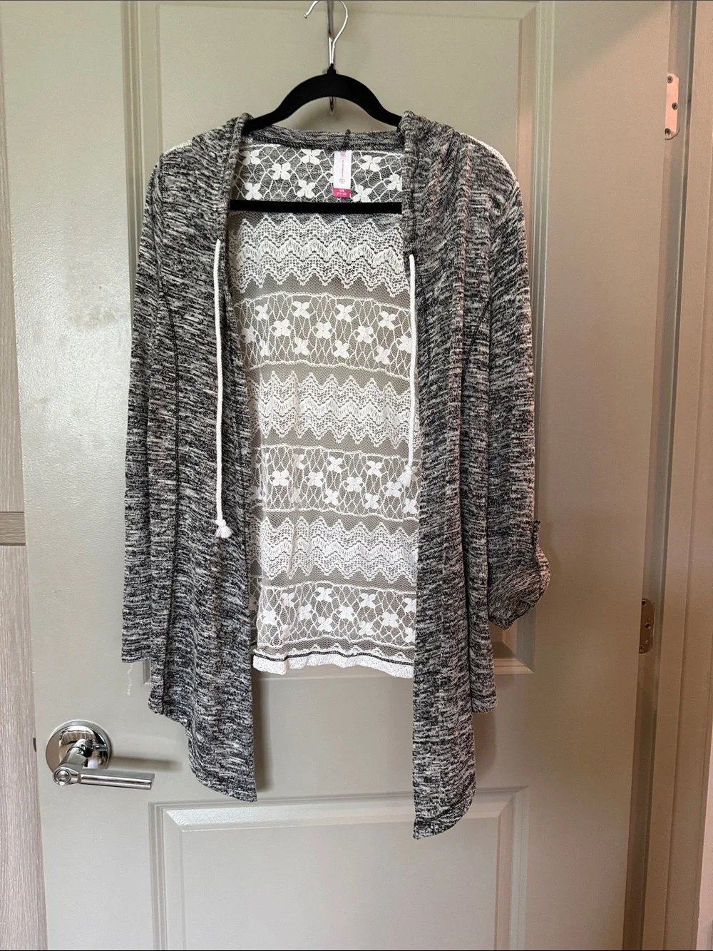 No Boundaries Gray Marled lace Open-Front Hooded Cardigan 11-13